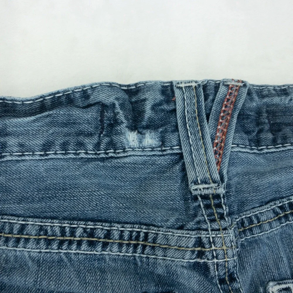 Big Star Pioneer Jeans Mens 33R Blue Distressed Boot Cut Raw Hem Buckle